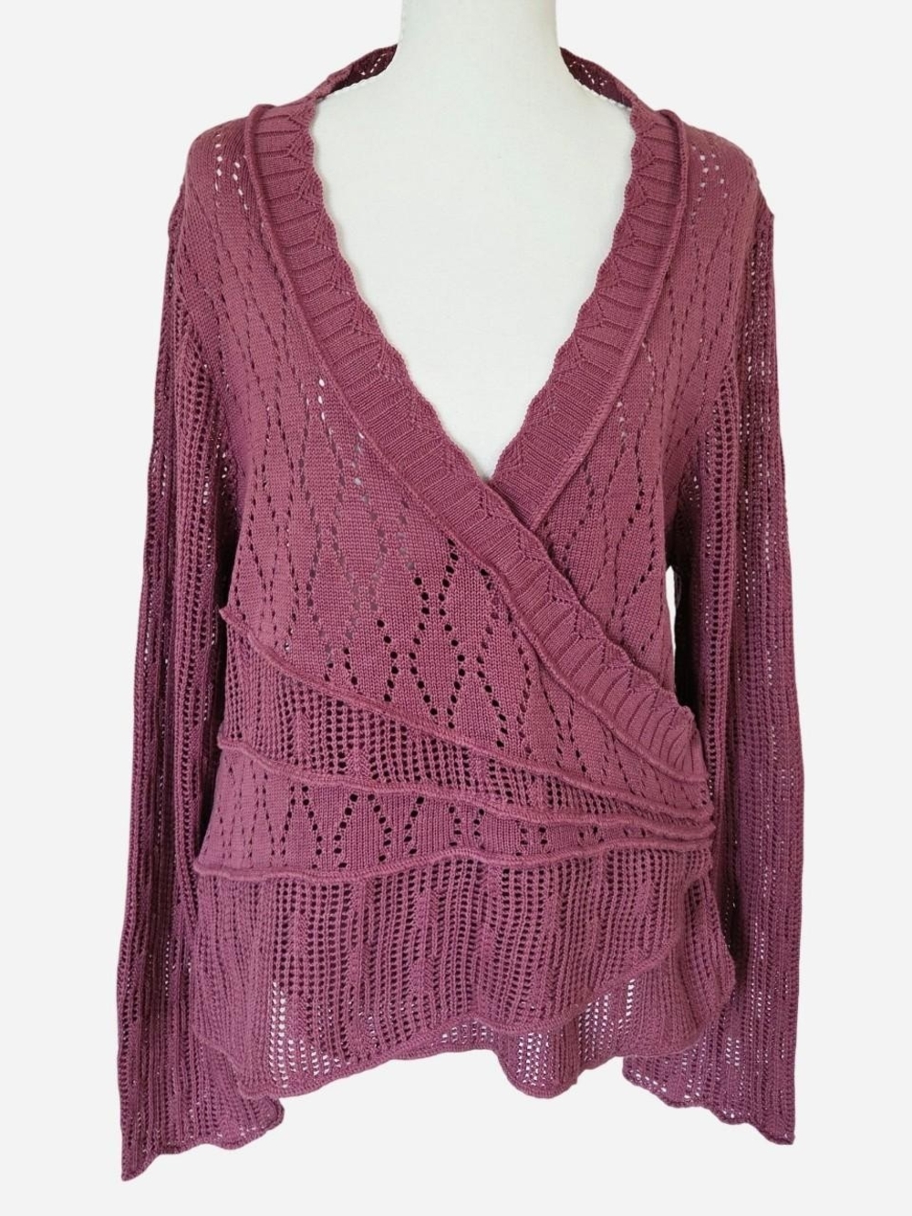 Open knit surplice sweater cotton blend cottage fisherman crochet mauve pink L